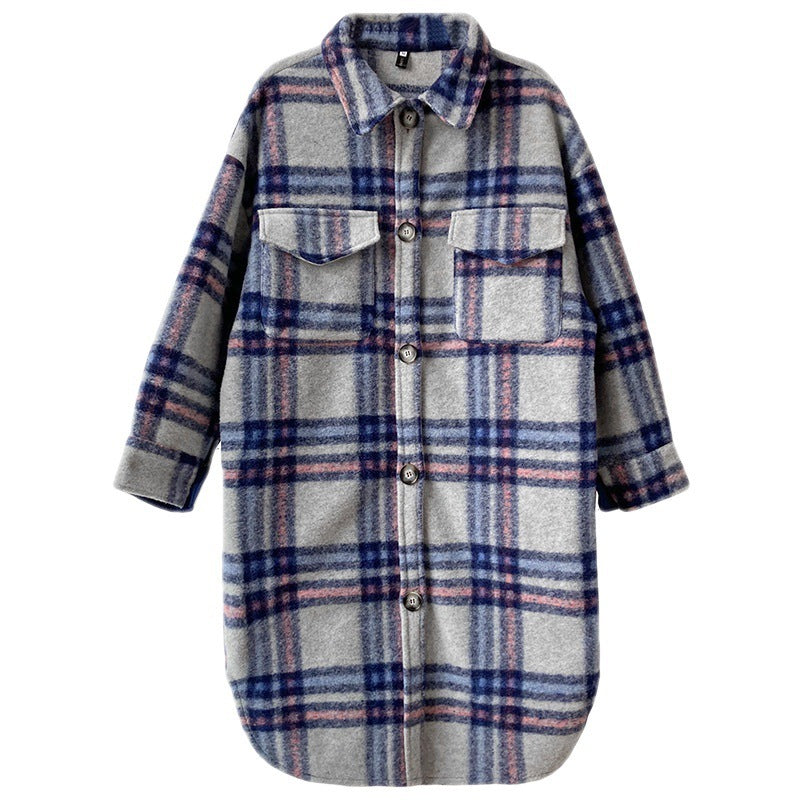 Women's Mid-length Thickened Woolen Check Coat