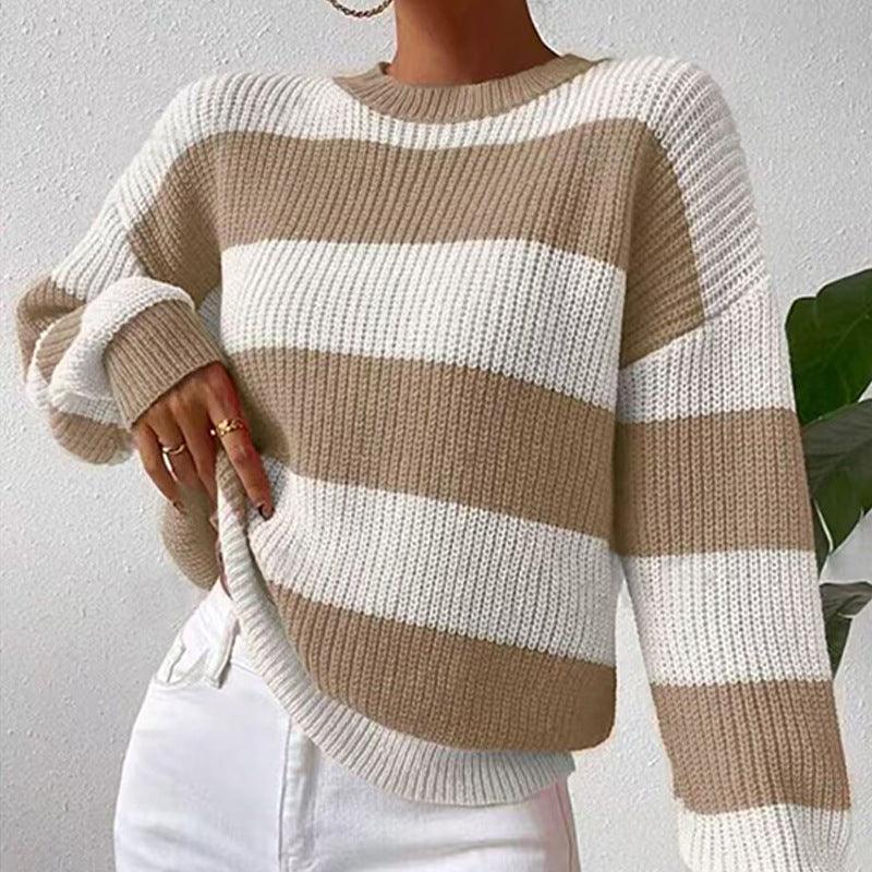 Women's Striped Sweater Loose Long Sleeve Pullover - WOMONA.COM