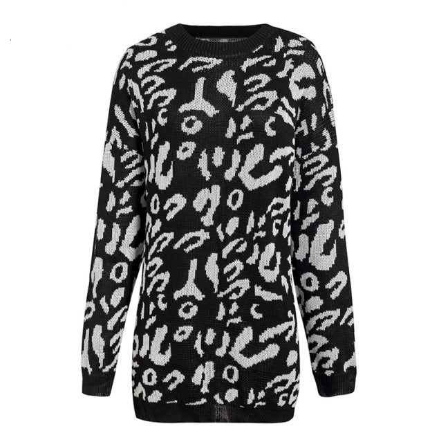 Loose leopard print sweaters with long sleeves - WOMONA.COM