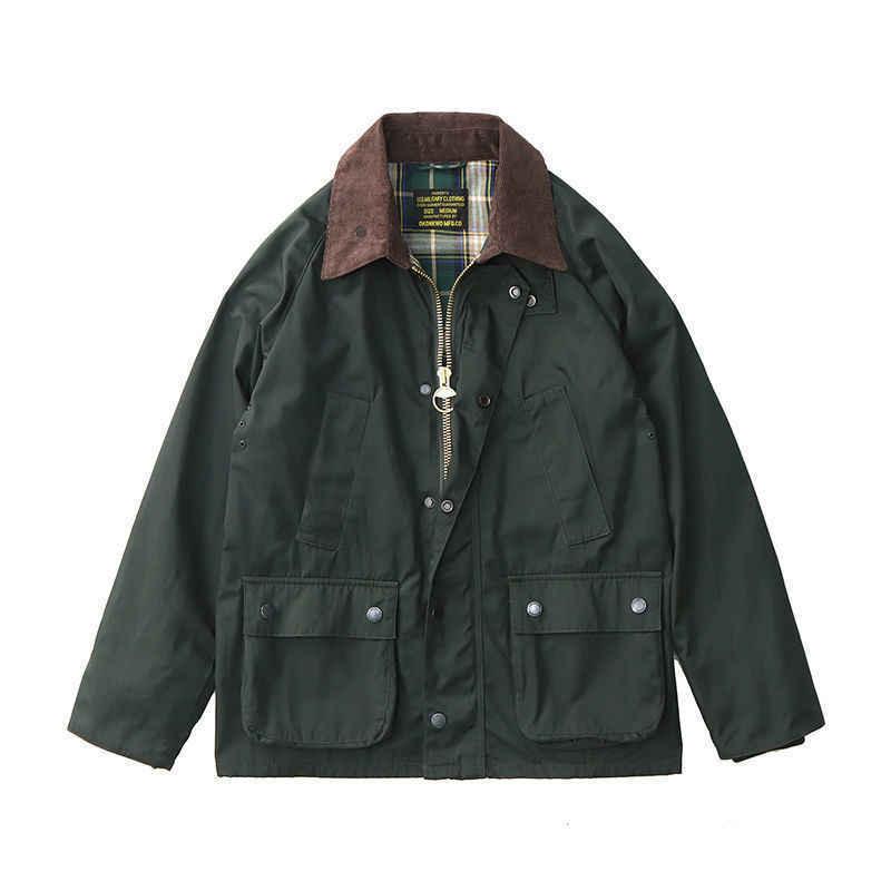 Men's vintage distressed safari jacket, dark green with brown corduroy collar and zip