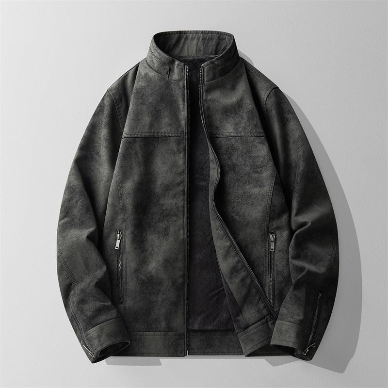 Dark gray stand-collar motorcycle jacket with front zipper and diagonal chest panel detail