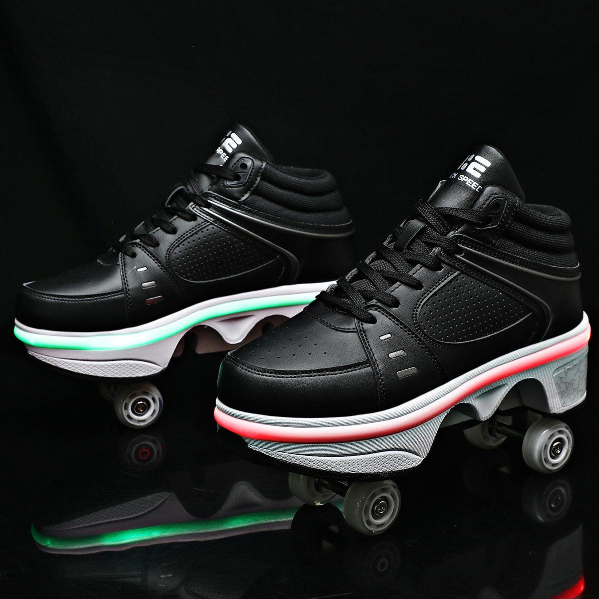 Black roller sneakers with white trim, four wheels, and glowing light band