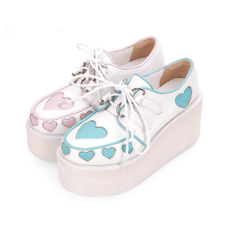 Heart tie platform sneakers, white with pink & teal heart patches, chunky wedge sole