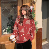 Red Christmas Tree Jacquard Warm Sweater Women - WOMONA.COM