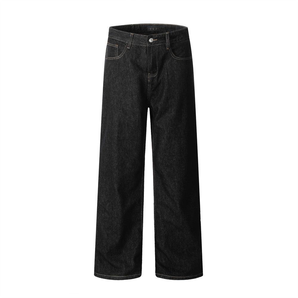 Black wide-leg denim trousers with button fly and classic five-pocket styling