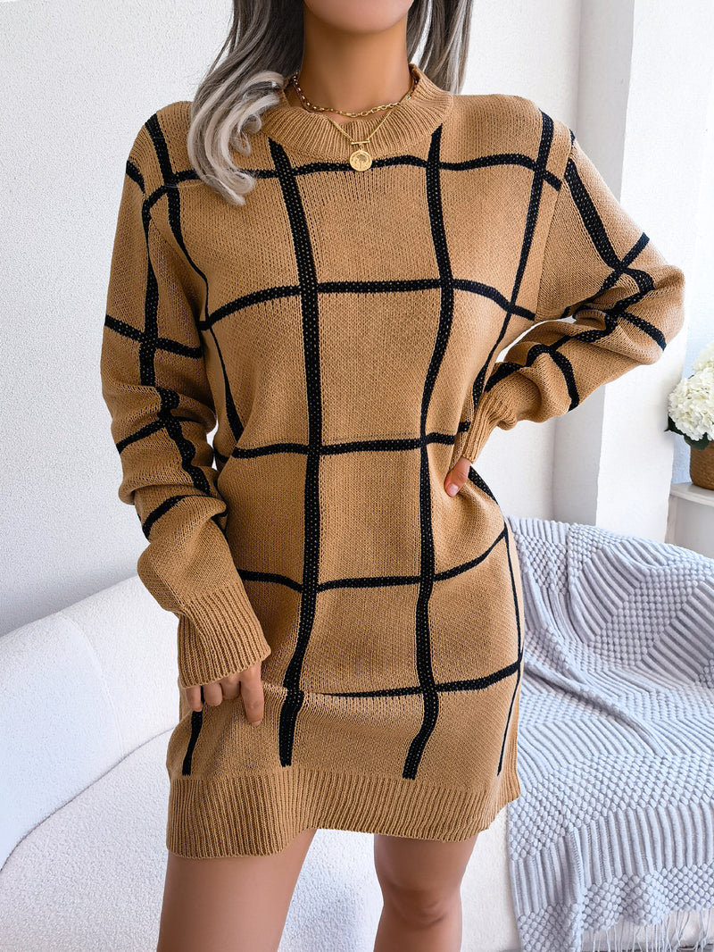 Casual Contrast Color Plaid Long Sleeve Base Sweater Dress - WOMONA.COM