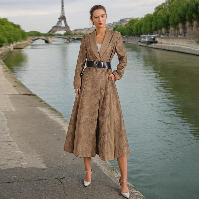 Women’s v-neck leather trench coat with belt, long sleeves, khaki brown