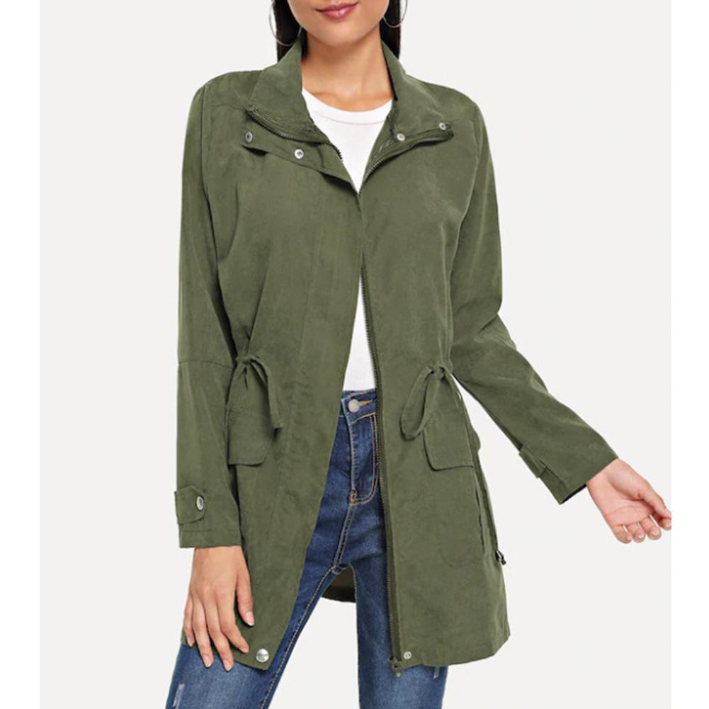 Army green trench coat with notched collar, button front, tie waist, flap pockets.