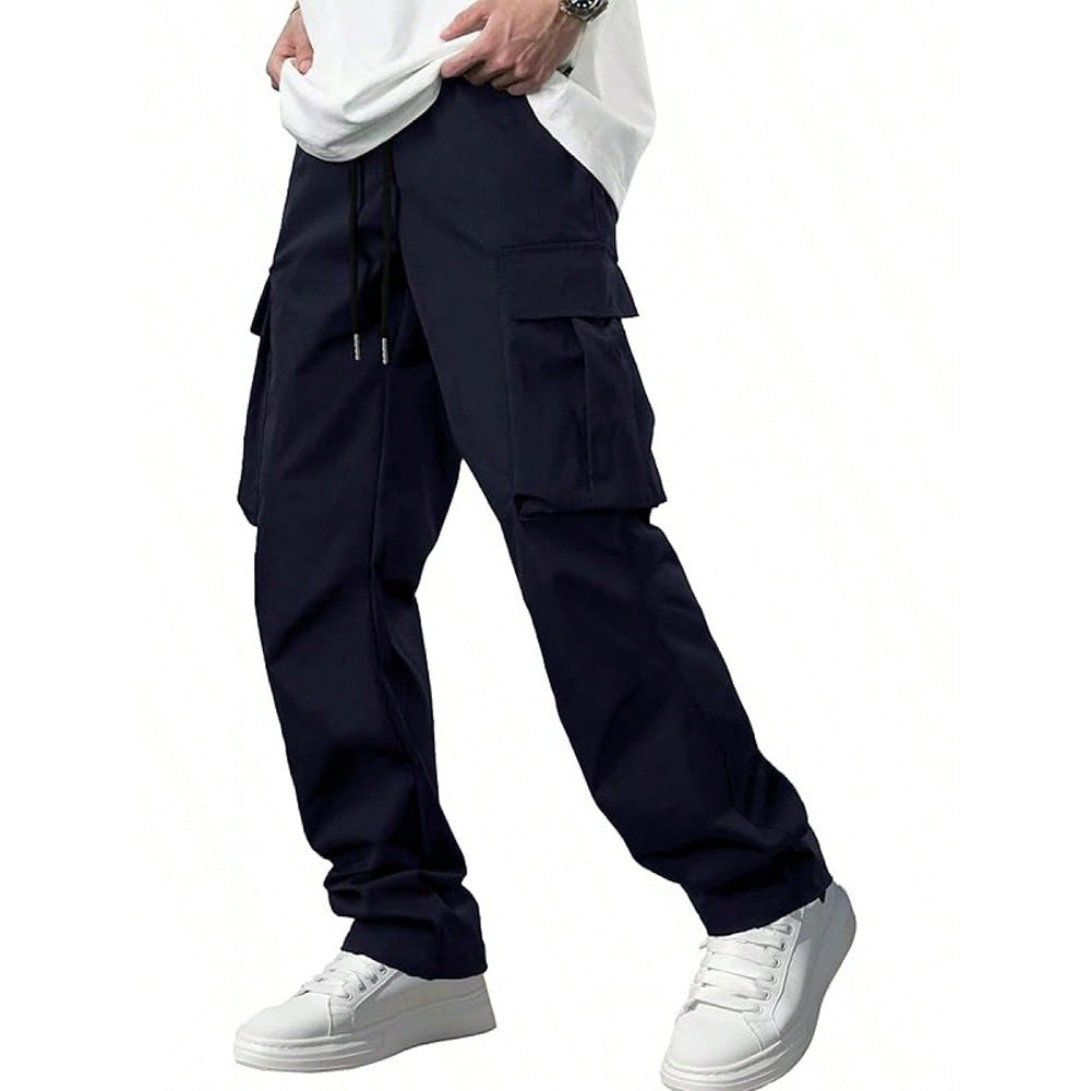 Men’s cargo drawstring pants in navy blue with side cargo pockets and cuffs.