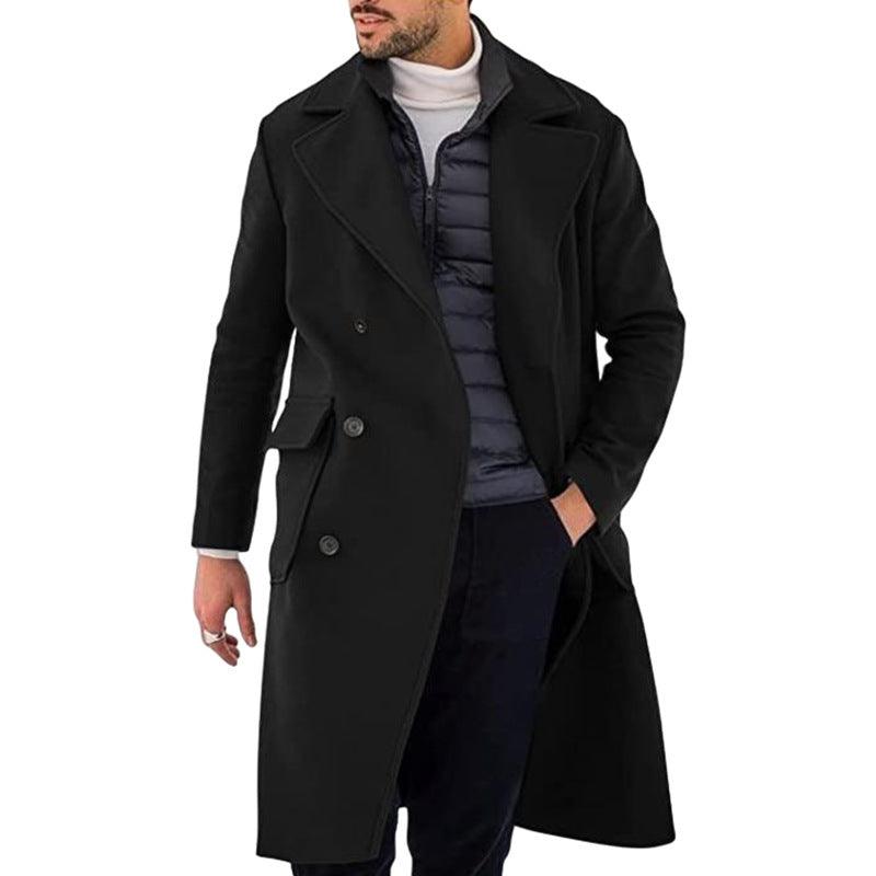 Woolen Men's Coat Thickened Long Section Double Breasted Coat - WOMONA.COM