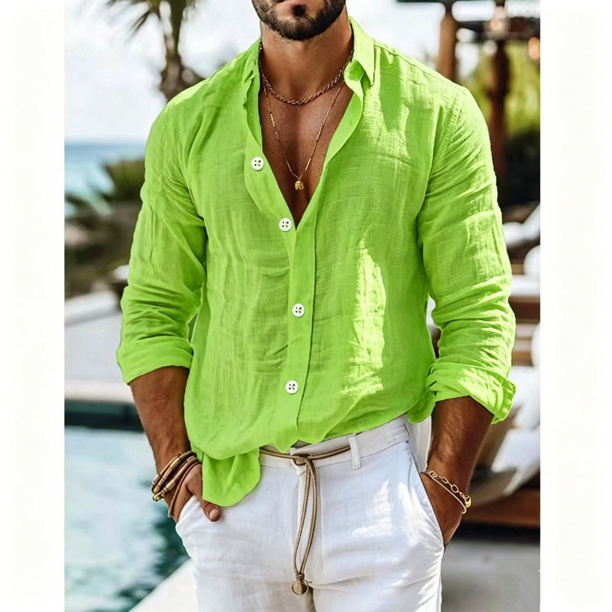 Light green long-sleeve button-up shirt with open collar and spaced white buttons