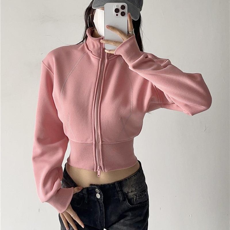Detachable hooded zipper sweatshirt, apricot pink, full front zipper and drawstring hood