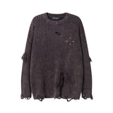 Idle Style Sunken Stripe Make Old Ripped Round Neck Sweater