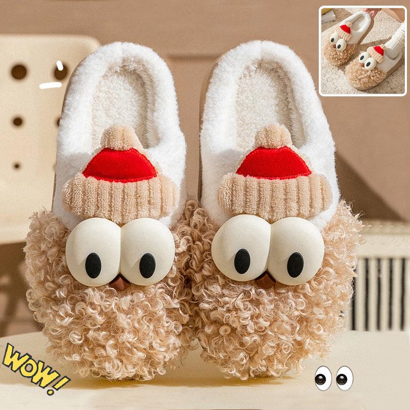 Cartoon bearded Santa slippers with white fuzzy uppers, red hat, and tan curly beard.
