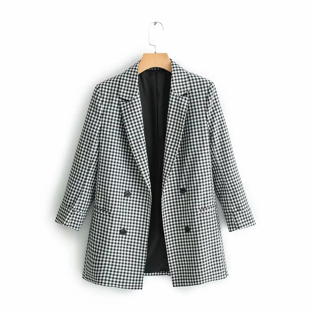 Women's black check double-breasted cotton trench coat