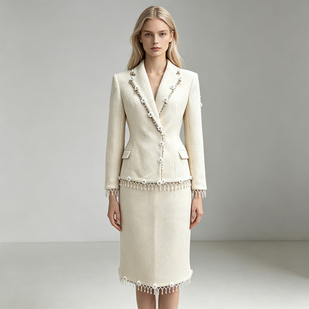 Women's Cream Tweed Blazer & Pencil Skirt Set