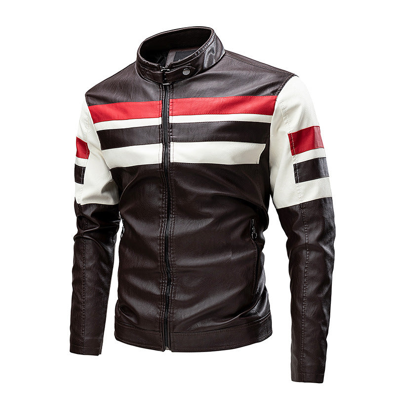 Men's brick red retro stitched PU leather moto jacket