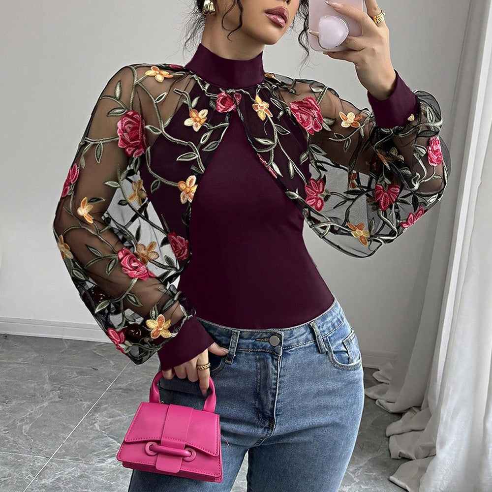 Burgundy t-shirt with sheer lace long sleeves and floral embroidery, high neck