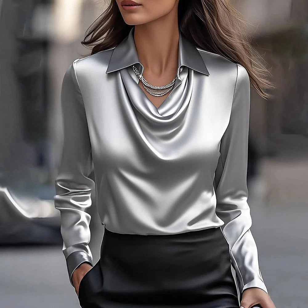 Women's solid-color collared long-sleeve shirt