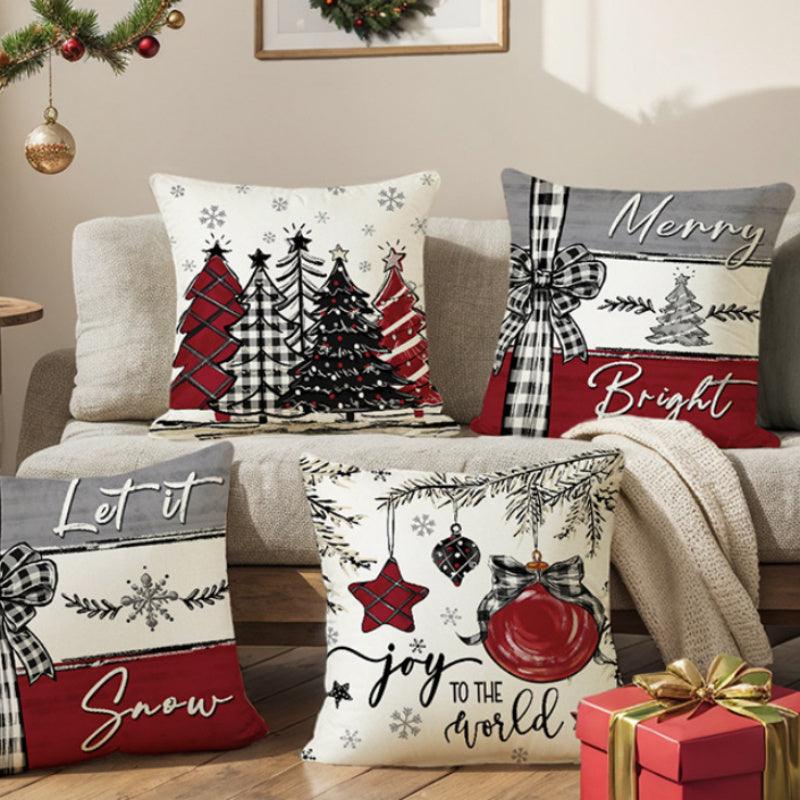 Set of Christmas pillow covers with holiday tree, plaid bow, and sayings