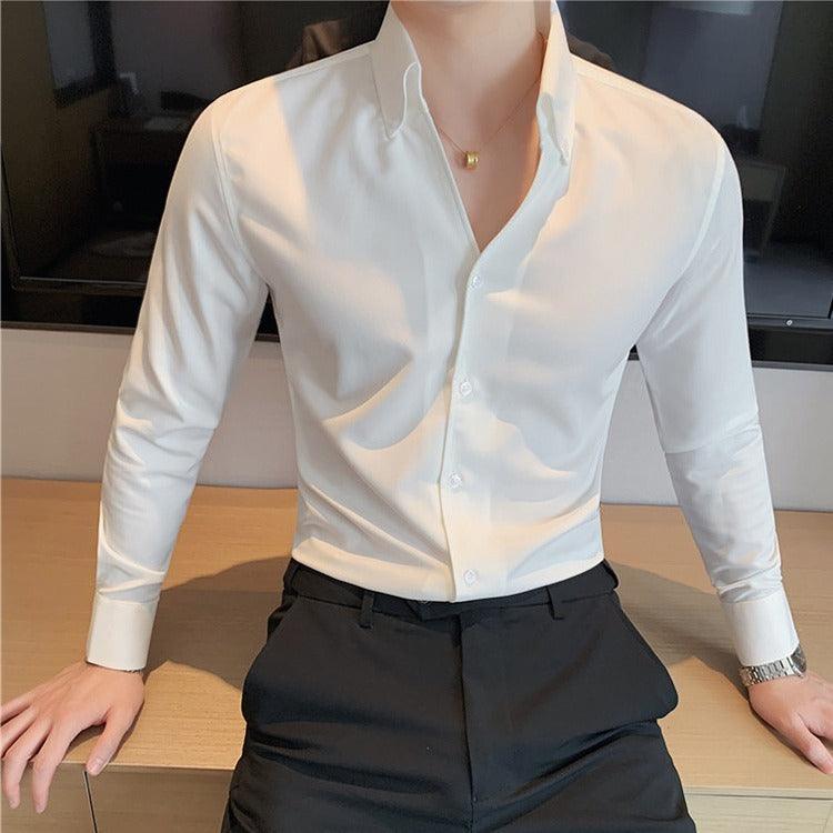 Large V-neck Men's Long-sleeved Business Shirt - WOMONA.COM
