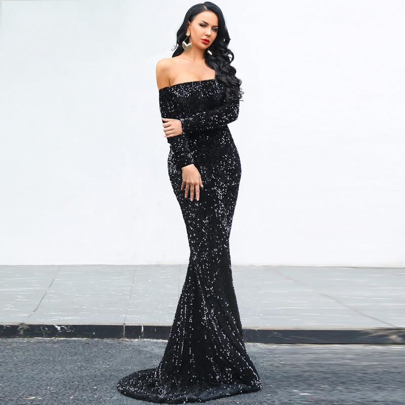 Black sequin evening dress with off-shoulder neckline and long sleeves, floor-length mermaid