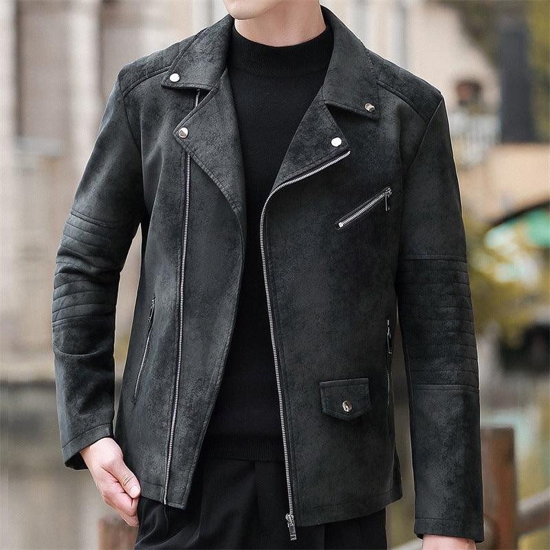 Black velvet padded leather biker coat with snap collar, zip front and chest zipper pocket
