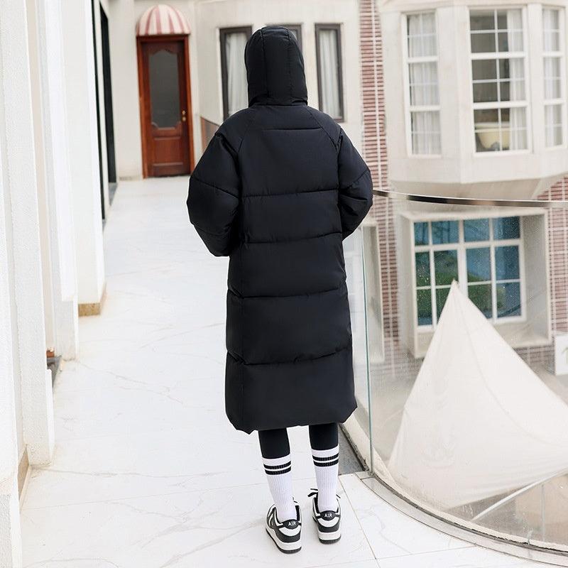 Women's long hooded padded coat, black, quilted front with mid-calf length