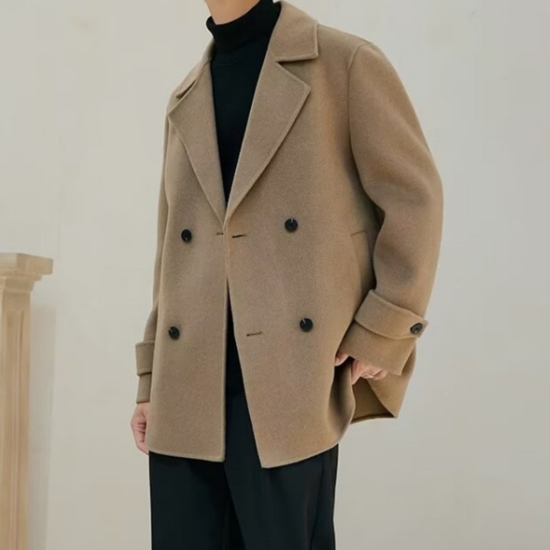 Men's camel wool trench coat with peak lapels, double-breasted buttons, flap pockets
