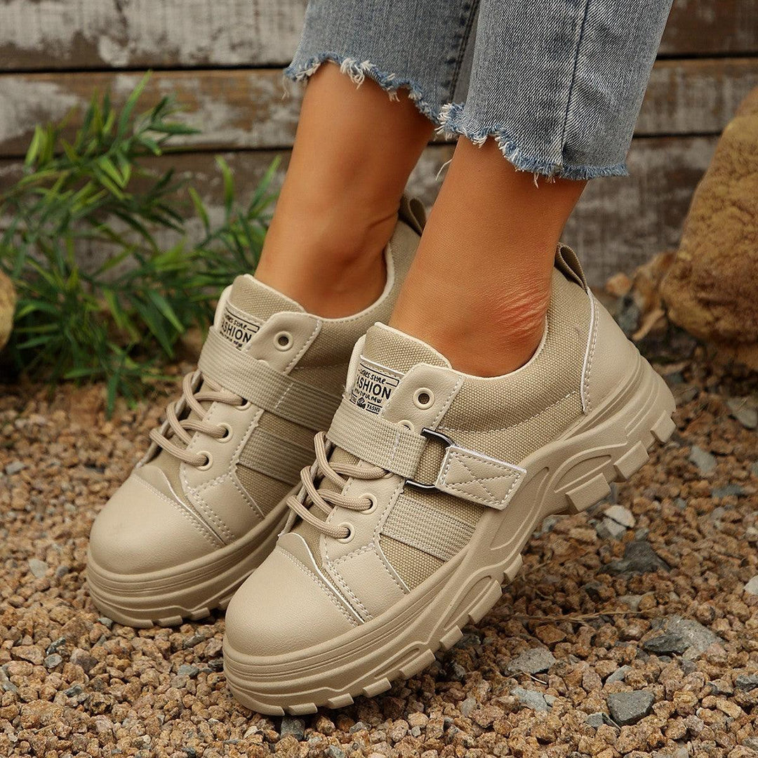 Women's lace-up canvas sneakers in cream with hook strap and thick sole
