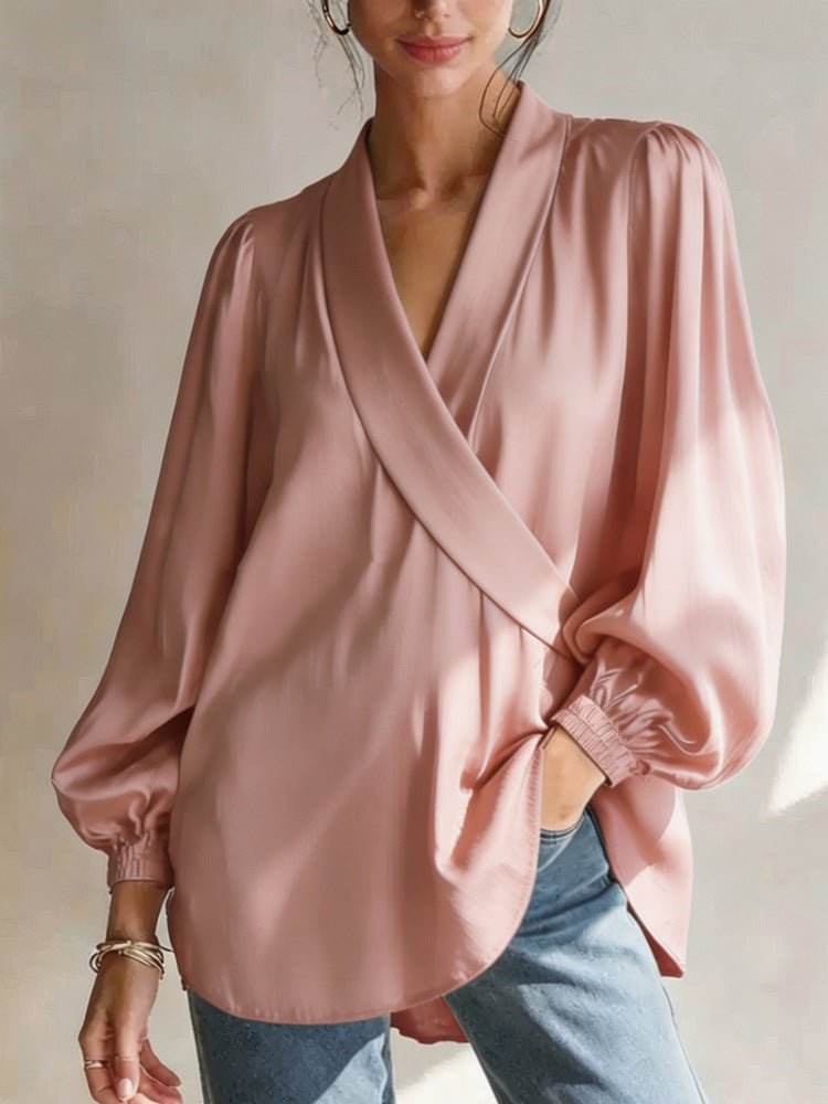 Women's casual mauve v-neck long-sleeve wrap top with gathered cuffs and tie-front knot