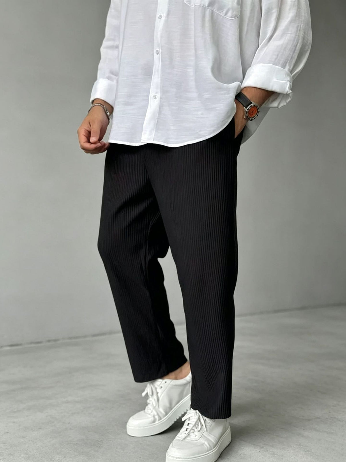 Black pinstripe relaxed straight-leg casual pants, loose fit with ankle hem