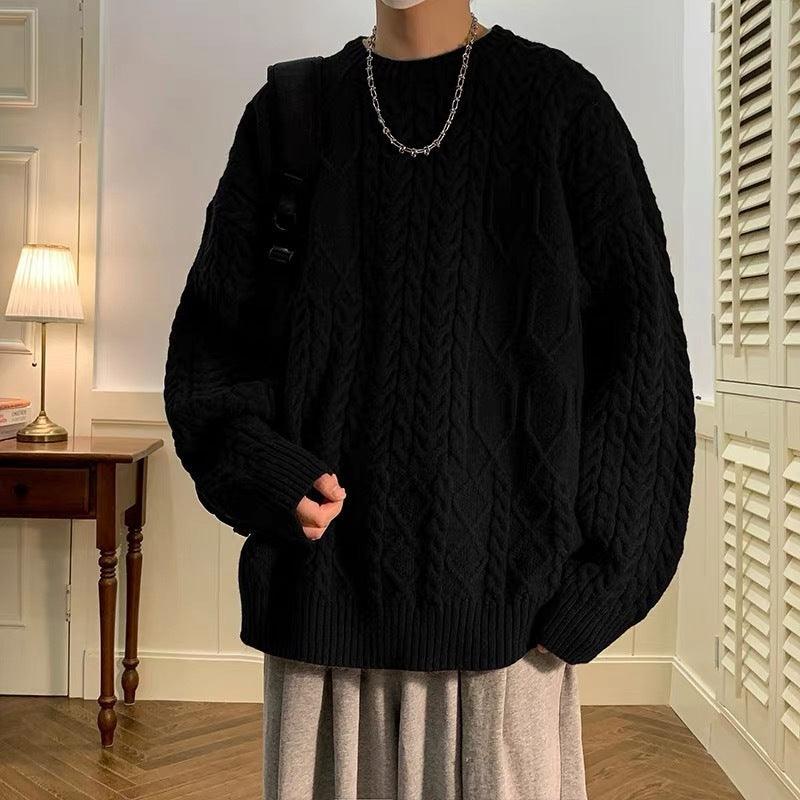 Men's cable knit cotton sweater, loose crewneck, long sleeves, black