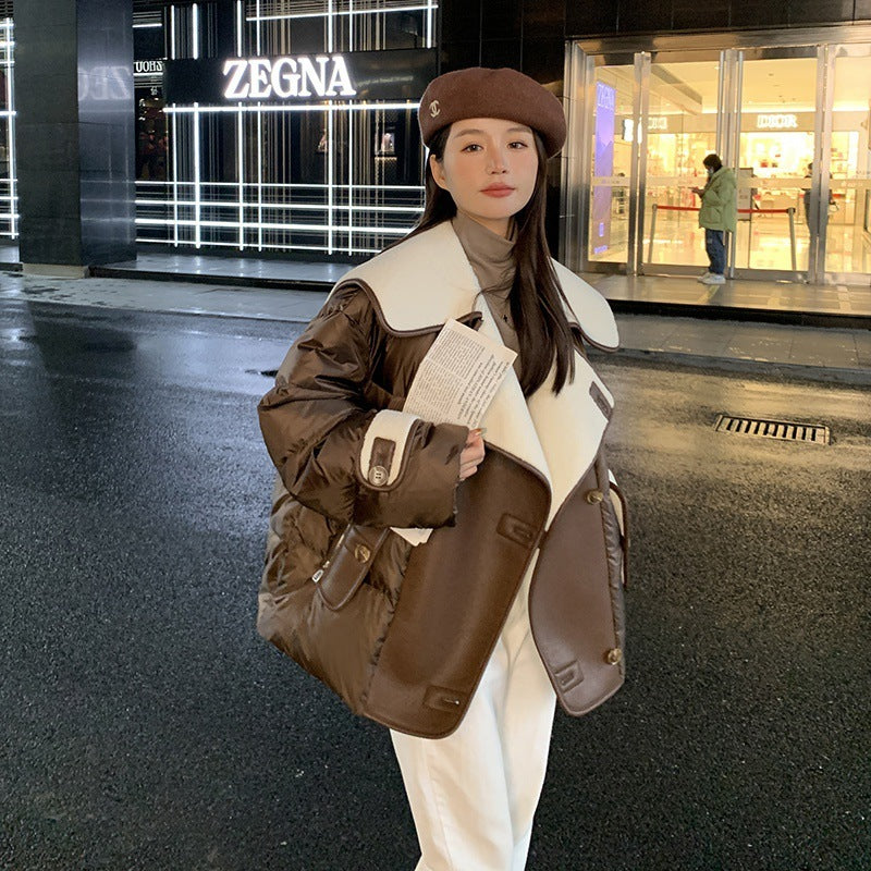 Large Lapel Fur Integrated Stitching Down Jacket - WOMONA.COM