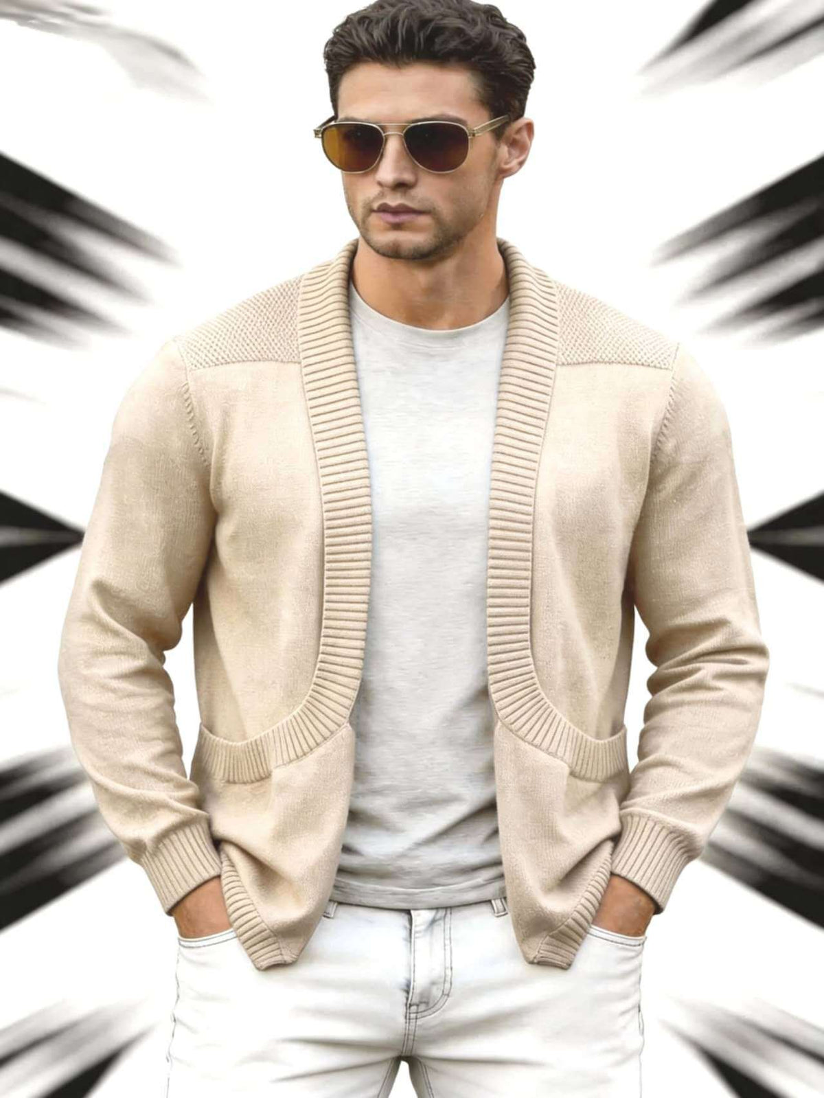 Apricot knitted men's cardigan sweater with shawl neck, front pockets, ribbed cuffs.
