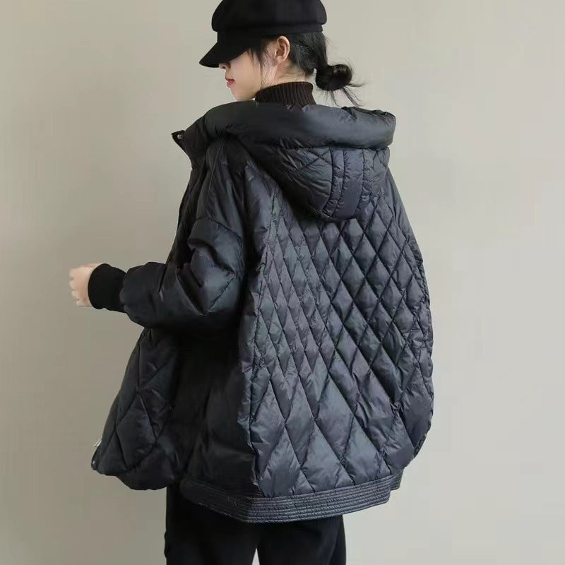 Diamond Lattice Artistic Loose White Duck Down Jacket - WOMONA.COM