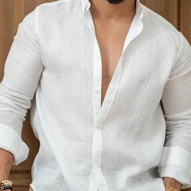 White linen-cotton button-up youth shirt, long sleeves, open collar