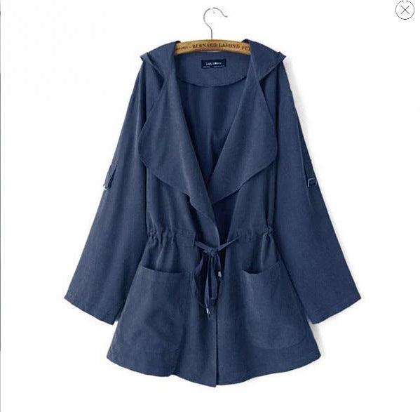 Women’s thin windbreaker in blue, drawstring waist, flap pockets, long sleeves