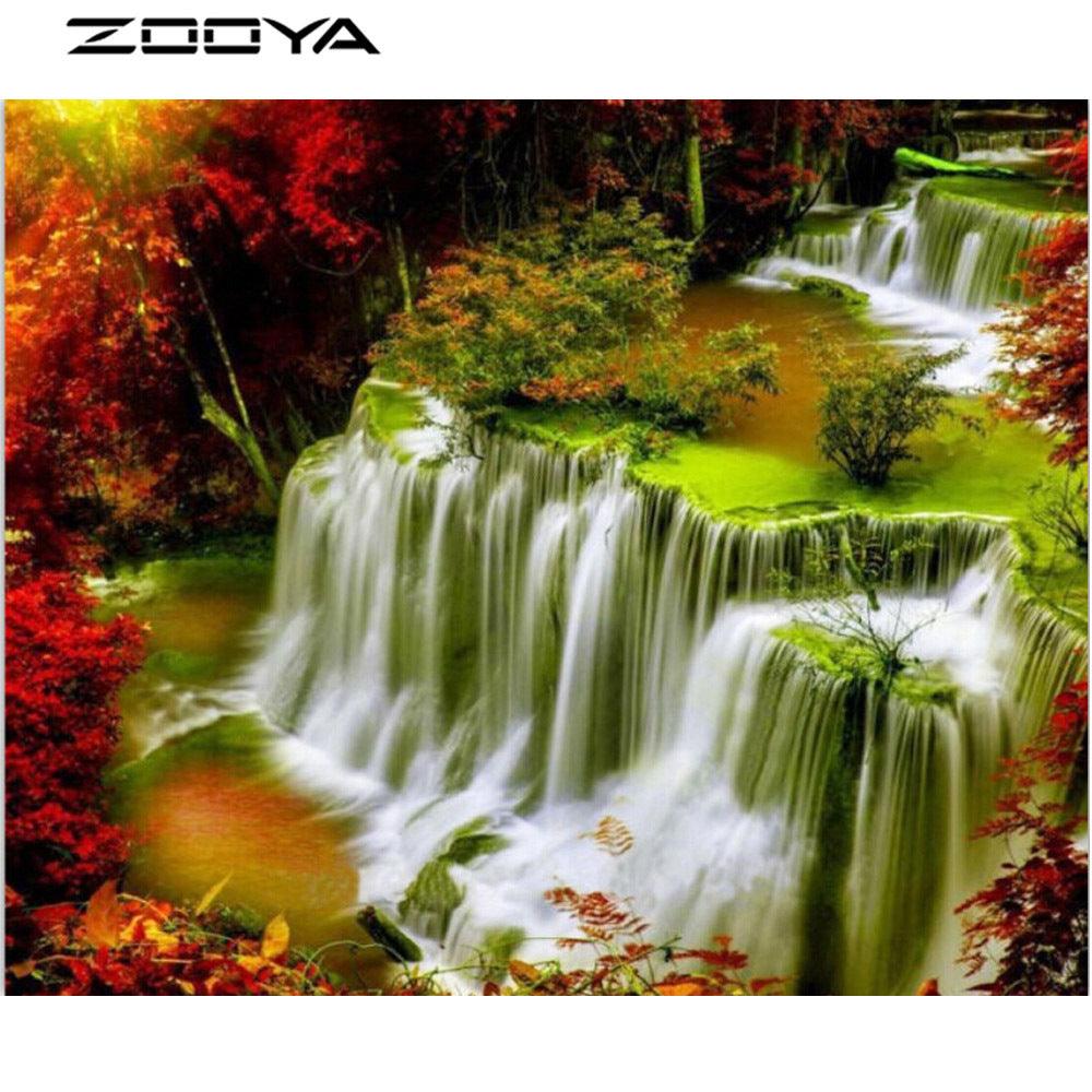 Paint-by-numbers canvas with colorful waterfall landscape