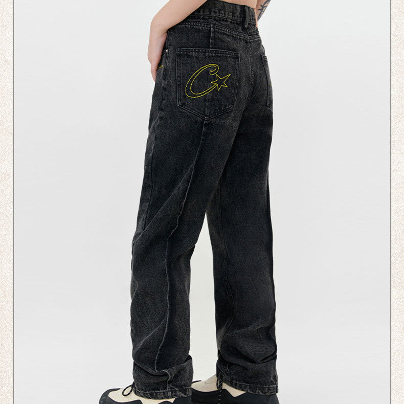 Street Washed Stitching Straight Jeans For Men And Women - WOMONA.COM