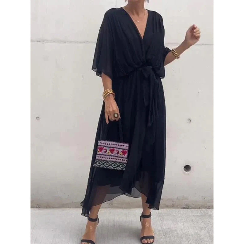 Women's V-neck tie-waist batwing dress – product image 5