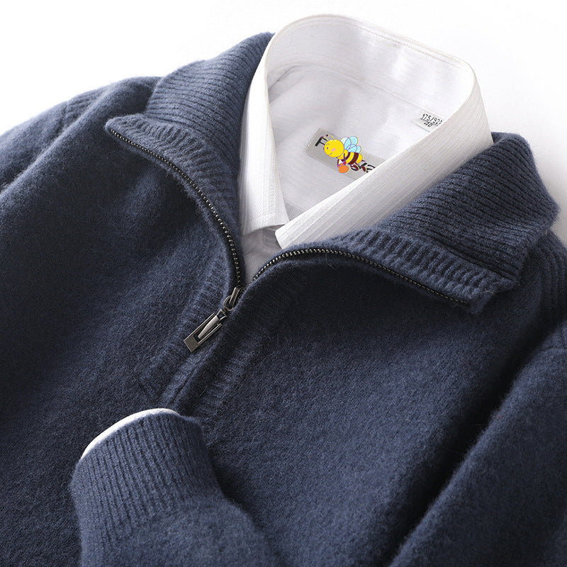 Wool Knit Men's Pullover Lapel Zip-up Shirt - WOMONA.COM