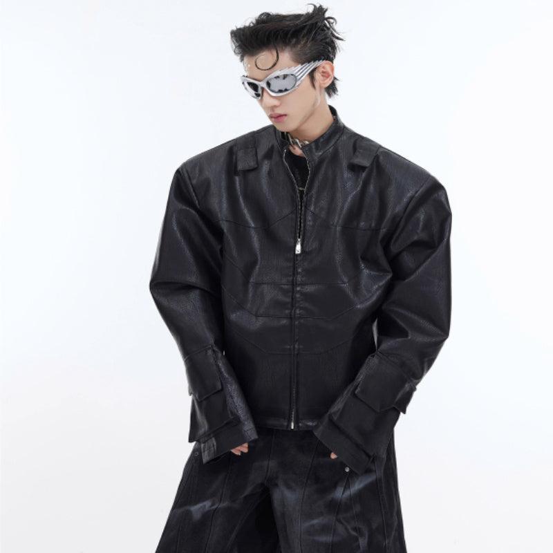 Round Neck Leather Jacket - WOMONA.COM