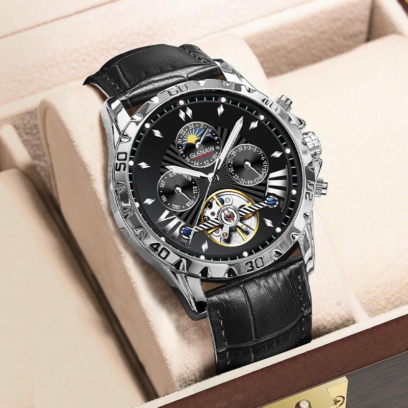 Men's fashion watch with black leather strap, silver case, black dial with skeleton details