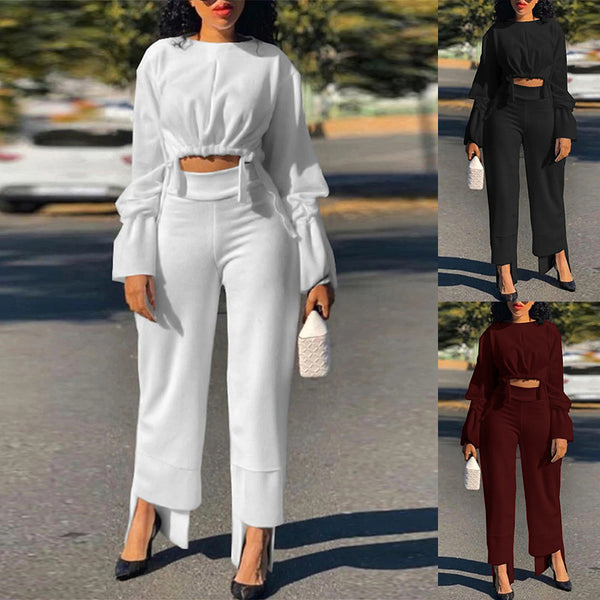 Short Top Casual High Waist Straight Pants Suit - WOMONA.COM