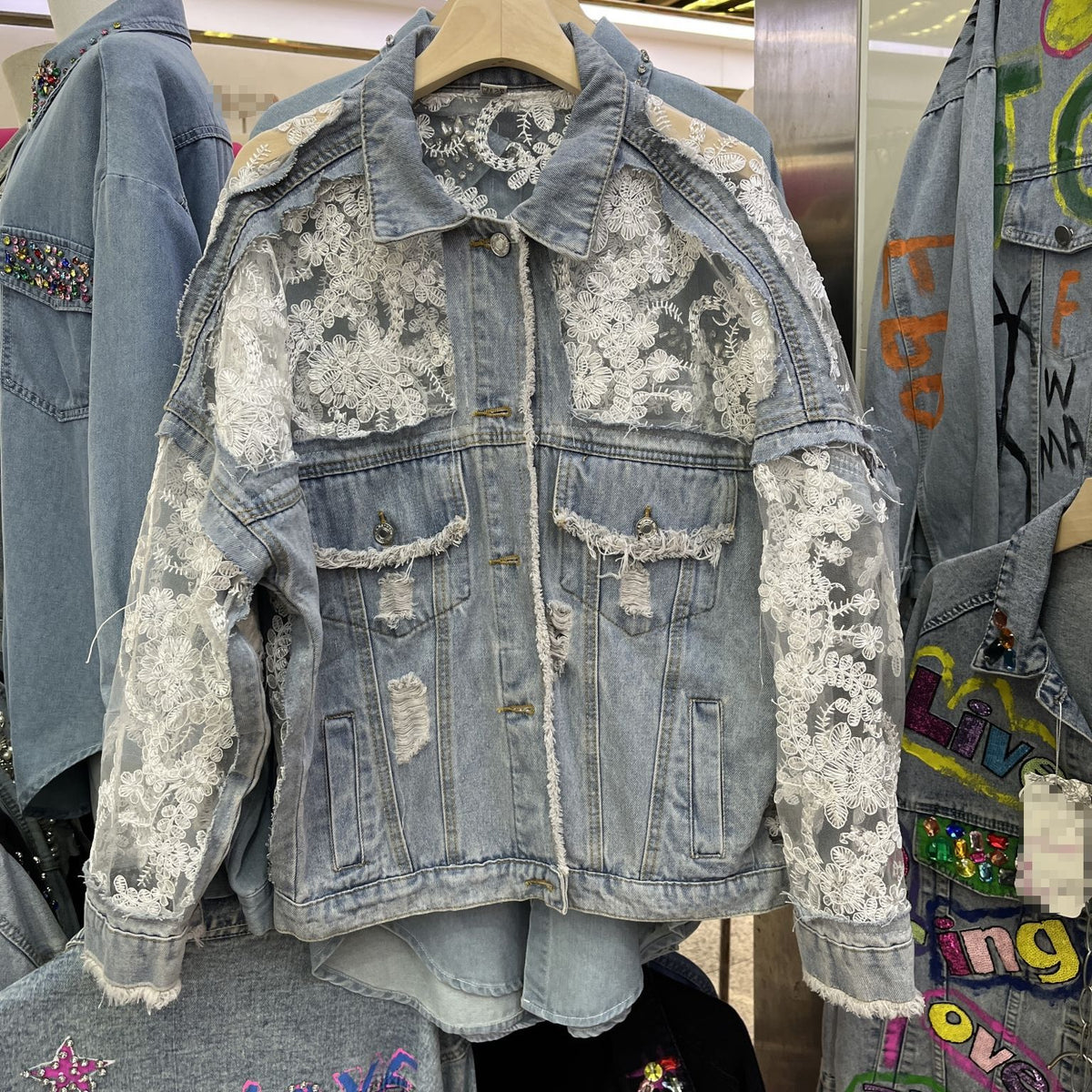 Women's Lace Embroidered Distressed Denim Jacket
