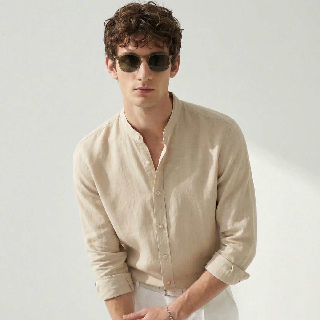 Men's natural linen long-sleeve shirt in light beige with button placket