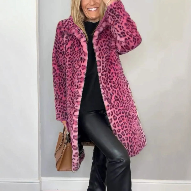 Fall Winter Leopard Print Plush Mid-length Coat