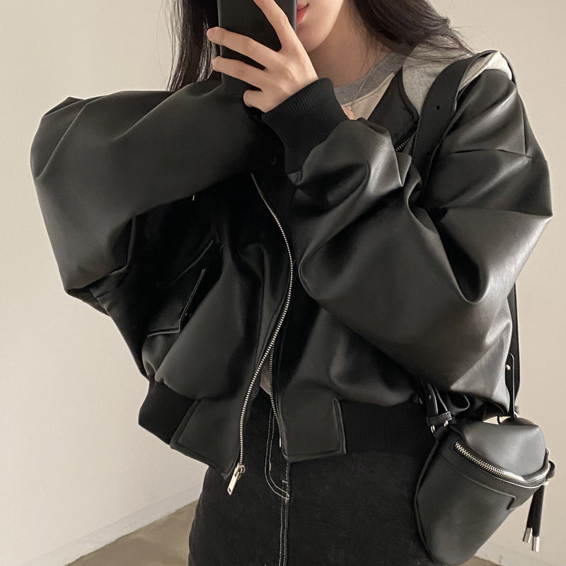 Fake Two-piece Short Leather Jacket Coat - WOMONA.COM