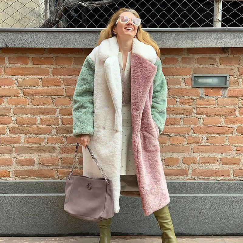 Front view long rabbit fur coat with mint sleeves and white plus blush-pink body